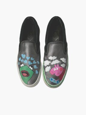 VANS Custom Kermit Peppa Pig Slip On Shoes Black Hand Painted 9 Wearable Art